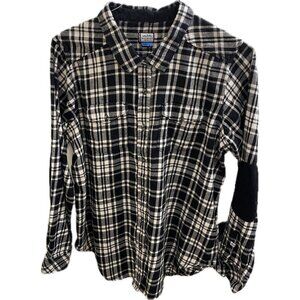 Kavu XL Womens Button Down  Flannel Plaid Black White Corduroy Elbows
